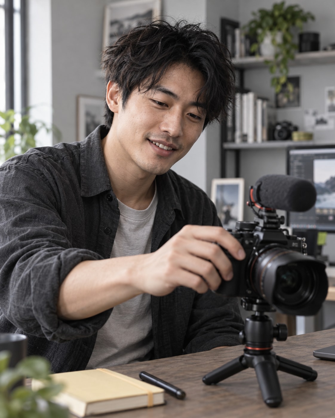 An independent content creator adjusting a camera in his home studio.