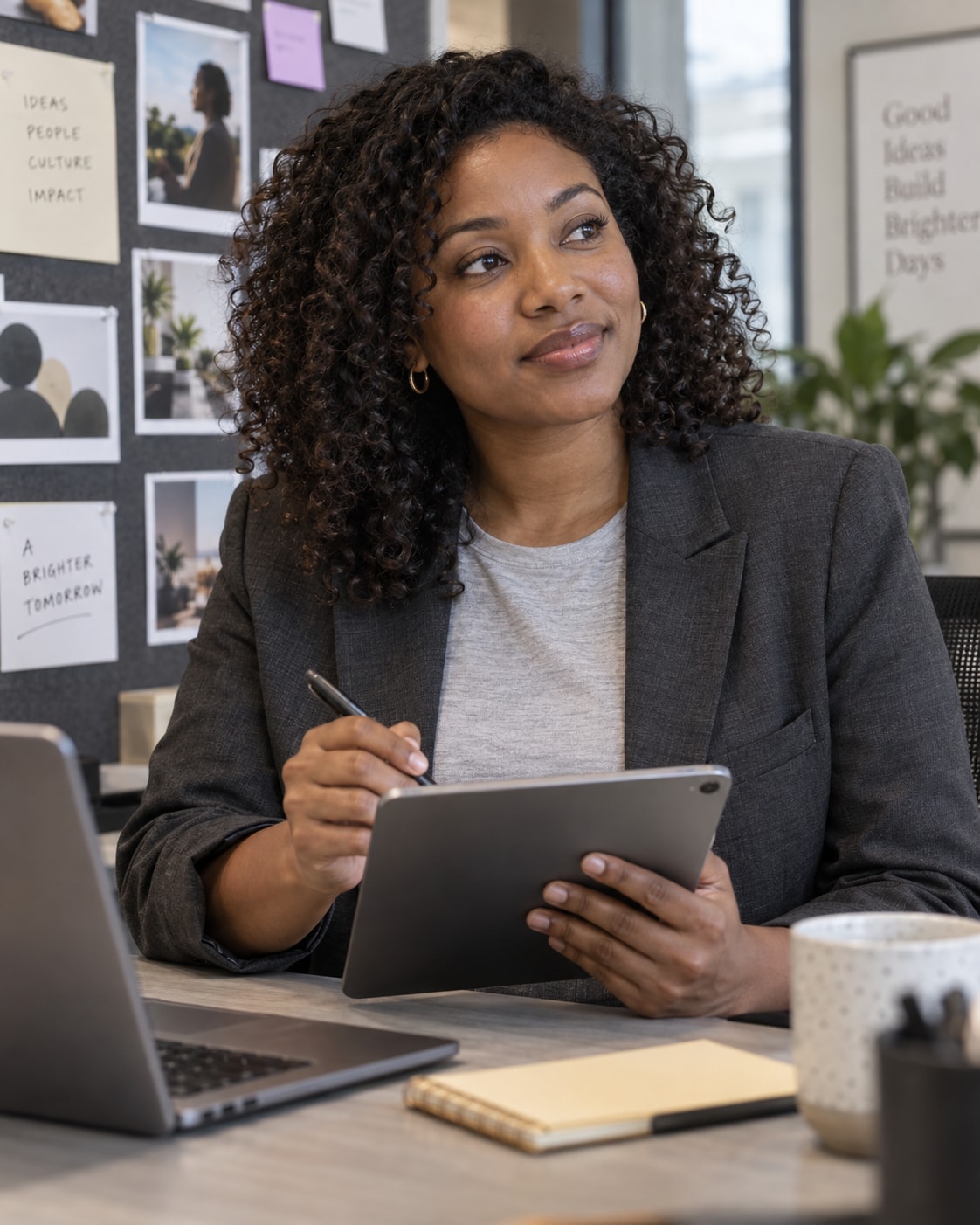 A marketing strategist reviewing campaign ideas with a tablet and planning board.