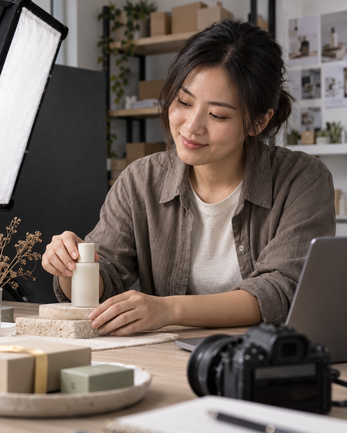 An e-commerce visual merchandiser arranging a product for photography.