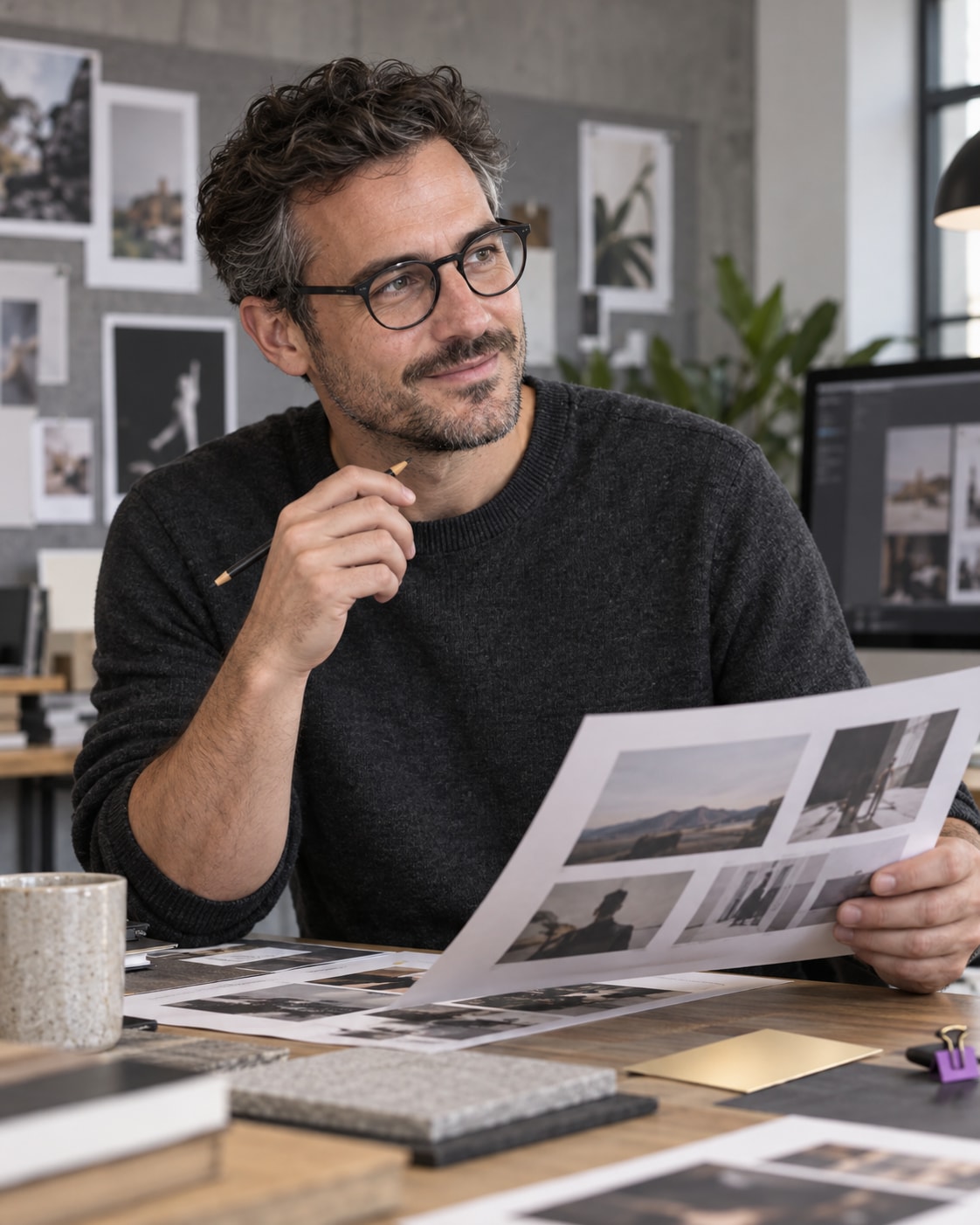 A creative director reviewing visual storyboards and material samples in a studio.