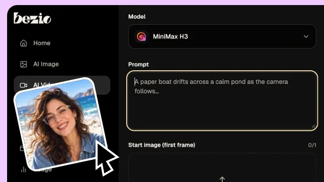 MiniMax H3 video generator with a prompt and start-image upload area