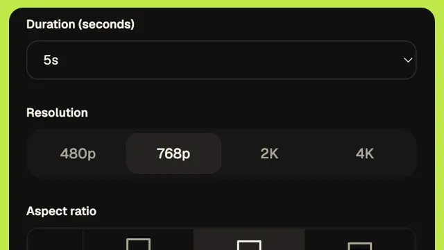 Video settings showing duration, resolution and aspect ratio