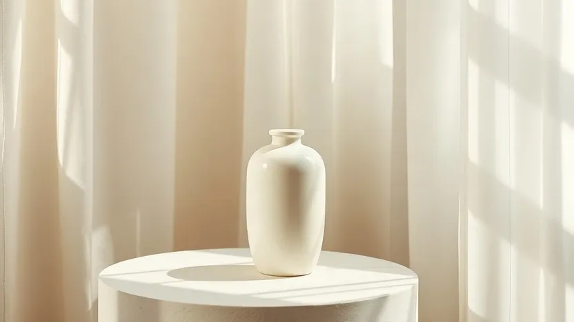 An ivory ceramic bottle on a pedestal beside a sheer curtain