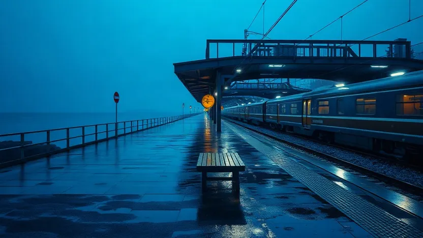 A train and empty bench at a rain-soaked coastal station