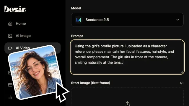 Seedance 2.5 selected in the video generator with a prompt and a start-image upload area.
