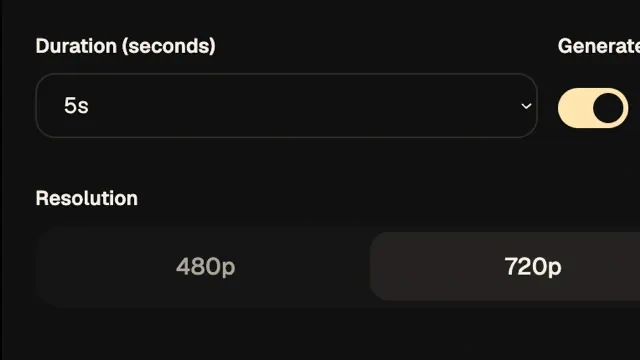 Video settings for duration, generated audio, and resolution.